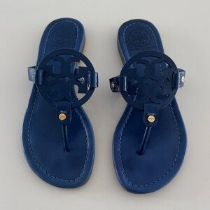 Tory Burch Navy Logo Cutout Leather Thong Sandals